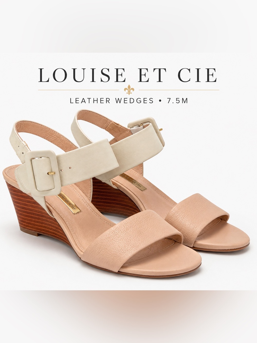 Louise et Cie Leather Wedge Sandals 7.5M Nude Ivory Oversized Buckle